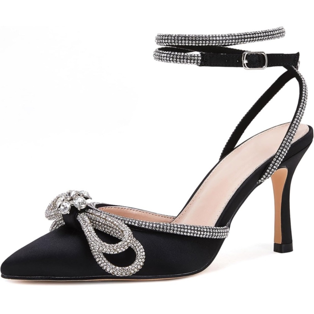 Black faux silk embellished ankle strap heels